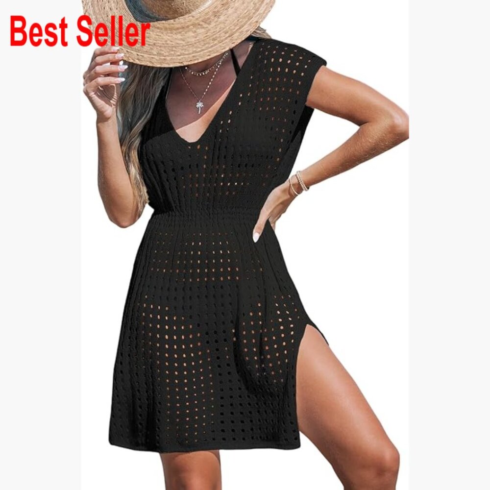 Crochet Mesh Mini Dress V-Neck Short Sleeve Beach Cover Up